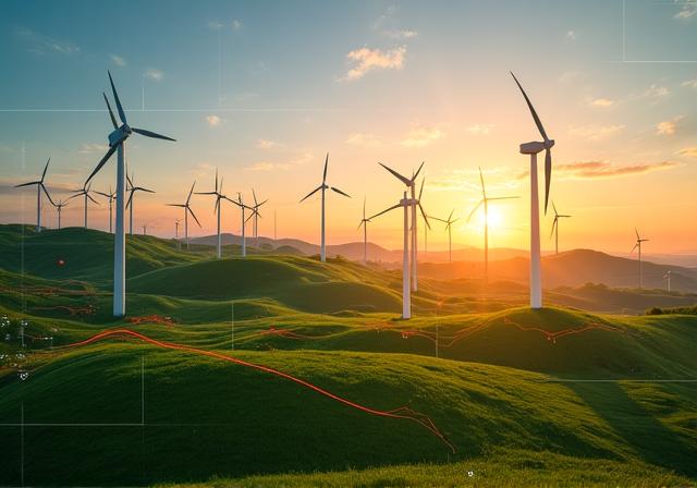 데이터 그래프와 풍력 발전 단지가 합성된 이미지