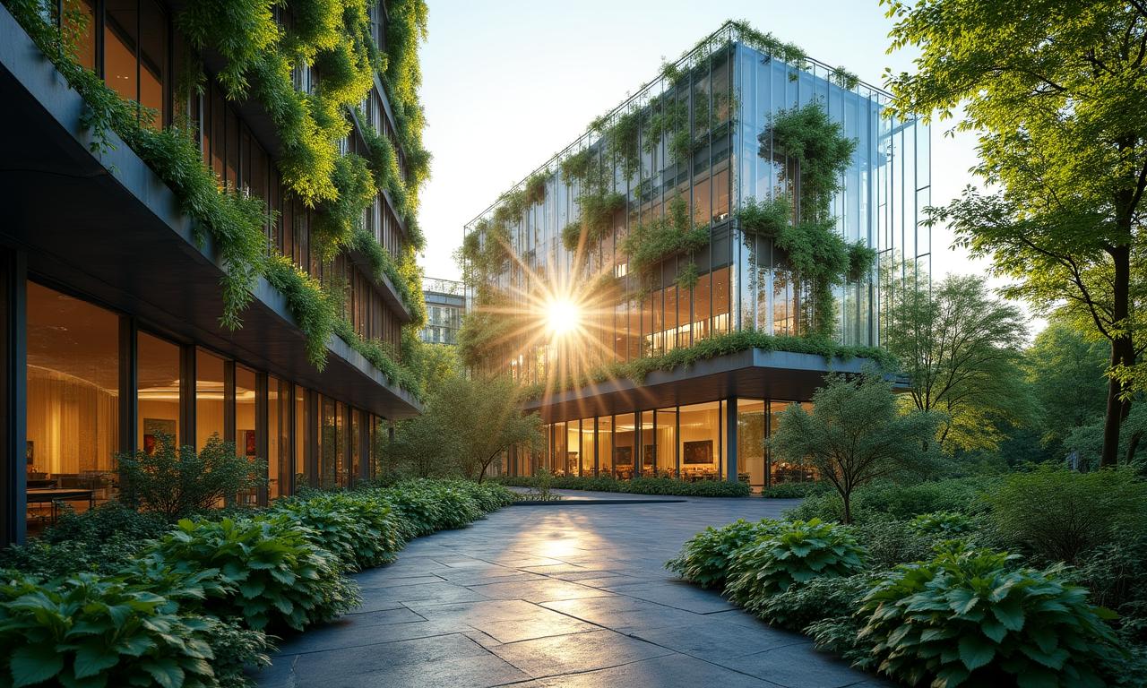 지속가능한 금융을 시각화한 현대적인 건축물과 녹지의 조화